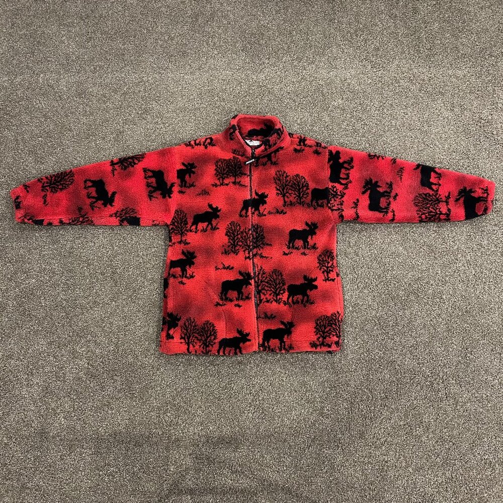 Vintage Black Mountain Outdoor Zip Up Moose Print Fleece, Unisex
